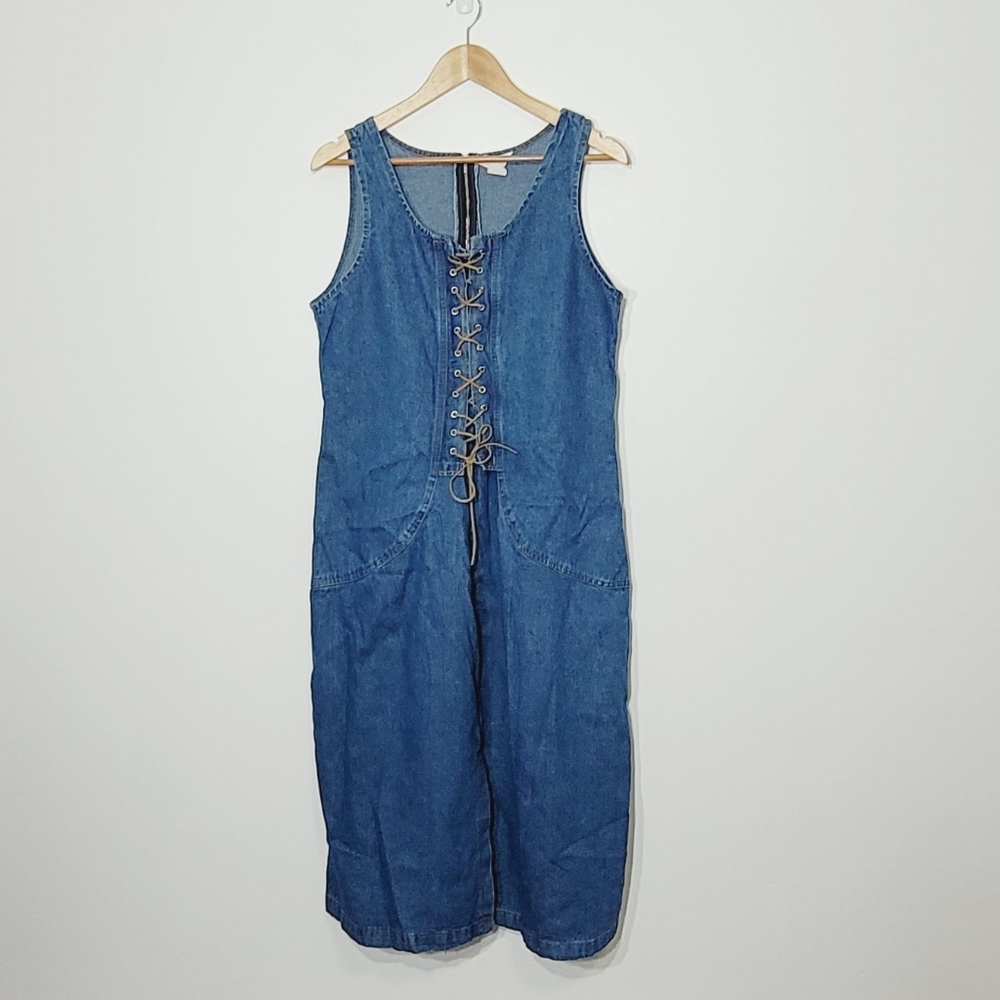 Vintage Denim 100% Cotton Sleeveless Lace-Up Front Zip Back Jean Plus Size XXL